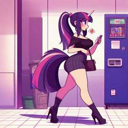 Size: 1024x1024 | Tagged: safe, imported from derpibooru, twilight sparkle, anthro, unicorn, adorasexy, ai content, ai generated, bare shoulders, big breasts, breasts, cellphone, clothes, curvy, cute, female, hallway, high heels, hourglass figure, large butt, phone, ponytail, prompter:horselover fat, purse, sexy, shoes, shoulderless, side view, sideboob, solo, solo female, talking, tiled floor, vending machine, walking, wide hips