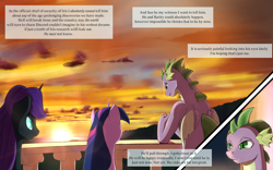 Size: 1280x800 | Tagged: safe, artist:sevireth, imported from derpibooru, spike, twilight sparkle, oc, oc:nyx, alicorn, dragon, pony, unicorn, tumblr:nyx contacts, balcony, canterlot, canterlot castle, castle, cloud, comic, dialogue box, female, horn, male, male and female, older, older spike, project iris, scenery, sky, sunset, trio, trio male and female, tumblr comic, unicorn twilight, winged spike, wings