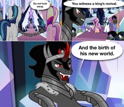 Size: 1200x1036 | Tagged: safe, edit, edited screencap, imported from derpibooru, screencap, king sombra, princess cadance, princess flurry heart, shining armor, alicorn, pony, unicorn, season 9, the beginning of the end, spoiler:s09, baby, baby pony, chains, comic, crystal empire, female, gag, ganondorf, male, mare, muzzle gag, screencap comic, stallion, the legend of zelda, the legend of zelda: tears of the kingdom, throne