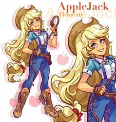 Size: 1948x2048 | Tagged: safe, artist:libbly_libby, imported from derpibooru, applejack, equestria girls, alternate clothes, boots, clothes, cowboy boots, cowboy hat, cowgirl, female, hat, lasso, overalls, rope, shoes, solo, stetson