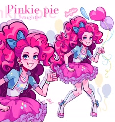 Size: 1923x2043 | Tagged: safe, artist:libbly_libby, imported from derpibooru, pinkie pie, equestria girls, balloon, bow, clothes, grin, hair bow, happy, heart, heart balloon, smiling, socks, solo