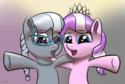 Size: 2048x1365 | Tagged: safe, artist:maonyman, imported from derpibooru, diamond tiara, silver spoon, earth pony, pony, braid, braided ponytail, duo, female, filly, foal, glasses, happy, hug, jewelry, looking at you, necklace, open mouth, ponytail, shading, smiling, tiara