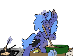 Size: 3601x2747 | Tagged: safe, artist:ponny, imported from derpibooru, princess luna, alicorn, pony, bag, bowl, butter, colored, cooking, female, filly, flour, foal, food, frying pan, magic, messy, milk, mixing bowl, plastic, plastic bag, simple background, solo, stove, sweat, telekinesis, tongue out, white background, wooden spoon, woona, younger