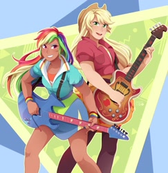 Size: 1987x2048 | Tagged: safe, artist:applesartt, imported from derpibooru, applejack, rainbow dash, human, abstract background, clothes, cowboy hat, dark skin, duo, duo female, female, freckles, guitar, hat, musical instrument, skirt, smiling, stetson, wristband