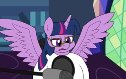 Size: 1150x720 | Tagged: safe, artist:unitxxvii, imported from derpibooru, twilight sparkle, alicorn, pony, bust, female, glasses, mare, microphone, open mouth, solo, spread wings, twilight sparkle (alicorn), twilight's castle, wings