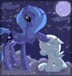 Size: 3619x3853 | Tagged: safe, artist:cattstaycool, imported from derpibooru, princess luna, oc, oc:snowdrop, alicorn, pegasus, pony, ^^, clothes, cloud, duo, duo female, eyes closed, female, filly, foal, folded wings, full moon, head pat, high res, looking at someone, moon, night, on a cloud, pat, sitting, smiling, smirk, spread wings, standing, wings