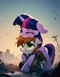 Size: 896x1152 | Tagged: safe, imported from derpibooru, twilight sparkle, oc, oc:littlepip, pony, unicorn, fallout equestria, ai content, ai generated, duo, hug, sky, smiling, stars, wasteland