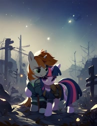 Size: 896x1152 | Tagged: safe, imported from derpibooru, twilight sparkle, oc, oc:littlepip, pony, unicorn, fallout equestria, ai generated, duo, female, hug, mare, sky, stars, wasteland