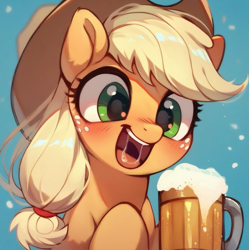 Size: 923x927 | Tagged: safe, imported from derpibooru, applejack, earth pony, pony, ai assisted, ai content, ai generated, alcohol, applejack's hat, beer, beer bottle, big eyes, blue background, blushing, bottle, cowboy hat, cute, drool, drool string, enjoying, esophagus, freckles, generator:purplesmart.ai, generator:stable diffusion, green eyes, happy, happy face, hat, open mouth, open smile, prompter:saltyvity, saliva puddle, salivating, simple background, smiling, solo, taste buds, yellow mane