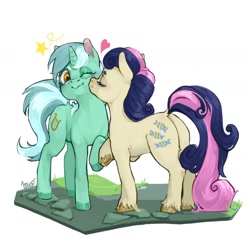 Size: 1440x1440 | Tagged: safe, artist:thornblade_, imported from derpibooru, bon bon, lyra heartstrings, sweetie drops, earth pony, pony, unicorn, butt, cheek kiss, duo, eyes closed, female, heart, kissing, lesbian, lyrabon, mare, one eye closed, plot, shipping, simple background, unshorn fetlocks, white background