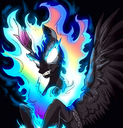 Size: 1919x2000 | Tagged: safe, artist:not-ordinary-pony, derpibooru exclusive, imported from derpibooru, rainbow dash, kirin, nirik, female, glowing, glowing eyes, glowing mane, kirin rainbow dash, kirin-ified, mane of fire, mare, smiling, solo, species swap