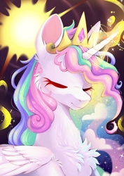 Size: 4961x7016 | Tagged: safe, artist:cutepencilcase, imported from derpibooru, princess celestia, alicorn, pony, absurd resolution, cheek fluff, chest fluff, eyes closed, magic, magic aura, smiling, solo, sun