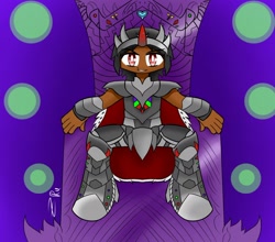 Size: 1936x1707 | Tagged: safe, artist:ru, imported from derpibooru, king sombra, human, armor, cape, clothes, colored horn, curved horn, horn, horned humanization, humanized, male, moderate dark skin, signature, sitting, solo, sombra horn, throne