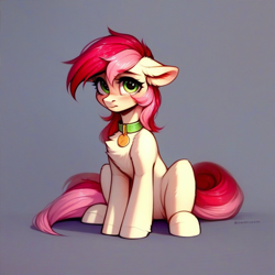 Size: 1024x1024 | Tagged: safe, imported from derpibooru, roseluck, pony, ai content, ai generated, collar, concave belly, cute, fluffy, generator:pony diffusion v6 xl, generator:stable diffusion, looking at you, pet tag, pony pet, prompter:doom9454, rosepet, sitting