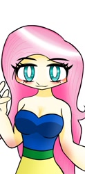 Size: 563x1140 | Tagged: safe, artist:ru, imported from derpibooru, fluttershy, human, blushing, breasts, cleavage, clothes, dress, female, humanized, light skin, looking at you, simple background, smiling, solo, white background