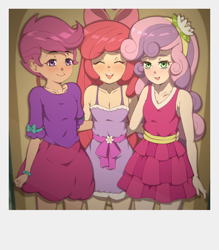 Size: 1400x1600 | Tagged: safe, artist:rockset, imported from twibooru, apple bloom, scootaloo, sweetie belle, human, equestria girls, equestria girls (movie), accessory, apple bloom's bow, blushing, bow, clothes, cutie mark crusaders, dress, eyelashes, fall formal outfits, female, flower, hair accessory, hair bow, hands on waist, humanized, image, open smile, png, polaroid, trio, trio female, young