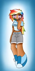 Size: 1707x3458 | Tagged: safe, artist:ru, imported from derpibooru, rainbow dash, human, belly button, belt, clothes, female, humanized, looking at you, midriff, moderate dark skin, shirt, shoes, shorts, smiling, smiling at you, solo