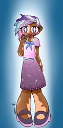 Size: 1707x3458 | Tagged: safe, artist:ru, imported from derpibooru, human, clothes, dark skin, female, g5, humanized, looking at you, open mouth, open smile, shoes, signature, smiling, solo, violette rainbow, vitiligo