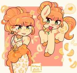 Size: 1908x1795 | Tagged: safe, artist:kiiteaa, imported from derpibooru, aunt orange, earth pony, human, pony, beauty mark, blush scribble, blushing, clothes, dress, female, food, heart tongue, humanized, mare, open mouth, open smile, orange, orange slices, pony coloring, raised hoof, signature, smiling, solo, stars, tail, unshorn fetlocks