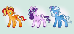 Size: 827x382 | Tagged: safe, artist:anjach, imported from derpibooru, starlight glimmer, sunset shimmer, trixie, pony, unicorn, base used, counterparts, female, gradient background, leonine tail, tail, trio, twilight's counterparts