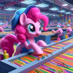 Size: 1024x1024 | Tagged: safe, imported from derpibooru, pinkie pie, earth pony, human, pony, ai content, ai generated, colored pencils, factory, female, generator:bing image creator, generator:dall-e 3, prompter:pinkiepiepics, solo, working