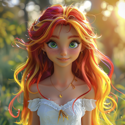 Size: 1024x1024 | Tagged: safe, editor:sammykun, imported from derpibooru, sunset shimmer, human, ai content, ai generated, bust, clothes, detailed hair, dress, female, freckles, frilly dress, generator:midjourney, humanized, jewelry, long hair, looking at you, necklace, off shoulder, portrait, prompter:sammykun, realistic, shoulderless, smiling, solo, white dress