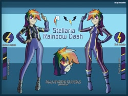 Size: 2500x1875 | Tagged: safe, artist:devillustart, imported from derpibooru, rainbow dash, oc, oc:rainbow dash(prisoners of the moon), human, equestria girls, clothes, fireheart76's latex suit design, freckles, gloves, humanized, humanized oc, latex, latex boots, latex gloves, latex jacket, latex suit, prisoners of the moon, reference sheet, rubber, rubber boots, rubber suit