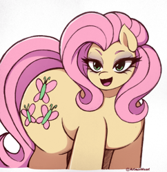 Size: 1933x2001 | Tagged: safe, artist:artmorheart, imported from derpibooru, fluttershy, earth pony, pegasus, pony, adorasexy, chubby, cute, large butt, redraw, sexy, simple background, solo, white background, wide hips, wingless