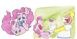 Size: 1391x702 | Tagged: safe, artist:lost marbles, imported from derpibooru, pinkie pie, crossover, donut, food, homer simpson, the simpsons, traditional art, watercolor painting