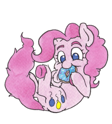 Size: 635x702 | Tagged: safe, artist:lost marbles, imported from derpibooru, pinkie pie, earth pony, pony, donut, eating, female, food, simple background, solo, traditional art, white background