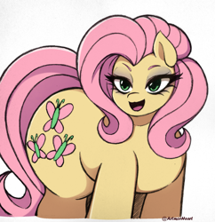 Size: 1933x2001 | Tagged: safe, alternate version, artist:artmorheart, imported from derpibooru, fluttershy, earth pony, pegasus, pony, adorasexy, chubby, cute, large butt, sexy, simple background, smiling, smugshy, solo, white background, wingless