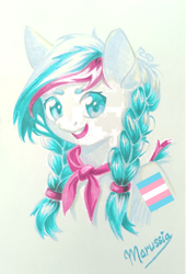 Size: 720x1057 | Tagged: safe, artist:rsd500, edit, imported from ponybooru, oc, oc only, oc:marussia, earth pony, pony, braid, female, looking at you, multicolored hair, nation ponies, ponified, pride, pride flag, russia, smiling, solo, species swap, traditional art, transgender pride flag