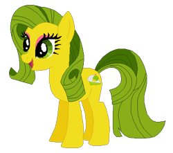 Size: 451x398 | Tagged: safe, artist:selenaede, artist:user15432, imported from derpibooru, kiwi tart, earth pony, pony, base used, g4, generation leap, green hair, green mane, green tail, kiwi tart (g4), open mouth, open smile, recolor, simple background, smiling, solo, transparent background, yellow coat