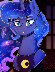 Size: 1200x1551 | Tagged: safe, artist:thelunarmoon, imported from twibooru, princess luna, alicorn, pony, bust, coat freckles, ear piercing, ethereal mane, eyeshadow, female, galaxy mane, grin, image, lidded eyes, makeup, mare, peytral, piercing, png, signature, smiling, solo, starry mane