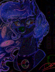 Size: 696x900 | Tagged: safe, artist:thelunarmoon, imported from twibooru, princess luna, alicorn, pony, bust, coat freckles, ear piercing, ethereal mane, eyeshadow, female, galaxy mane, glitch art, grin, image, jpg difference, lidded eyes, makeup, mare, peytral, piercing, png, signature, smiling, solo, starry mane