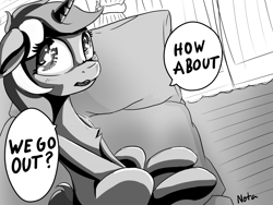 Size: 4000x3000 | Tagged: safe, artist:nota, lyra heartstrings, pony, unicorn, couch, female, looking at you, mare, monochrome, offscreen character, pov, sitting, solo