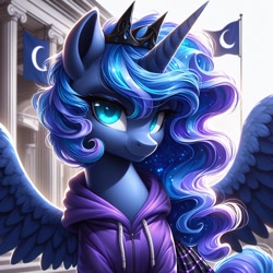 Size: 1024x1024 | Tagged: safe, imported from ponybooru, princess luna, alicorn, pony, ai content, ai generated, aside glance, bing, clothes, ethereal mane, female, flag, galaxy mane, hoodie, looking at you, mare, sideways glance, skirt, solo, spread wings, wings