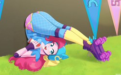 Size: 1200x750 | Tagged: safe, artist:riouku, imported from derpibooru, pinkie pie, human, equestria girls, friendship games, 2d, ass, balloonbutt, banner, butt, canterlot high, clothes, commission, contortion, contortionist, cute, diapinkes, elbow pads, female, fingerless gloves, flexible, food, gloves, grass, helmet, knee pads, looking at you, open mouth, outdoors, pinkie being pinkie, ponk, roller skates, shorts, silly, skates, smiling, smiling at you, solo, whipped cream