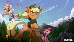 Size: 3200x1800 | Tagged: safe, artist:bl1nky, imported from derpibooru, applejack, fluttershy, pinkie pie, rainbow dash, earth pony, pegasus, pony, clothes, cloud, cowboy hat, eye clipping through hair, eyebrows, eyebrows visible through hair, female, flying, grass, hat, hoodie, mare, mountain, raised hoof, shoes, sky, smiling, sonic rainboom, spread wings, stetson, tree, wings