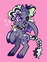 Size: 1536x2048 | Tagged: safe, artist:alexbeeza, imported from derpibooru, oc, oc only, oc:cryptid, bat pony, pony, bat pony oc, bat wings, bell, bell collar, braid, braided tail, coat markings, collar, colored eyebrows, colored hooves, colored pinnae, colored sclera, colored wings, commission, ear piercing, earring, eyebrow piercing, fangs, jewelry, looking back, multicolored mane, multicolored tail, multicolored wings, nose piercing, piercing, pink background, ponysona, purple eyes, simple background, smiling, solo, spiked collar, standing, standing on two hooves, stars, tail, tied tail, unshorn fetlocks, wingding eyes, wings