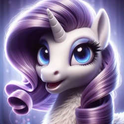 Size: 1024x1024 | Tagged: safe, imported from ponybooru, rarity, pony, unicorn, ai content, ai generated, bing, bust, eyeshadow, female, fluffy, looking at you, makeup, mare, neck fluff, open mouth, portrait, semi-realistic, solo, uncanny valley