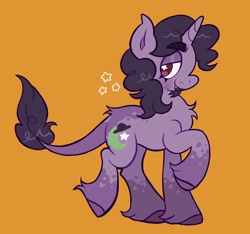 Size: 2048x1916 | Tagged: safe, artist:alexbeeza, imported from derpibooru, oc, oc only, oc:nebula chaser, unicorn, blushing, brown eyes, chest fluff, coat markings, colored eyebrows, colored hooves, commission, curly mane, curly tail, eyebrows, eyebrows visible through hair, eyelashes, facial hair, fangs, horn, leonine tail, lidded eyes, looking back, moustache, open mouth, open smile, orange background, purple mane, purple tail, raised hooves, simple background, smiling, socks (coat markings), solo, standing, starry eyes, stars, tail, tail fluff, unicorn oc, wingding eyes