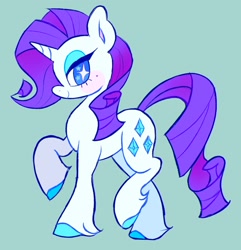 Size: 1976x2048 | Tagged: safe, artist:alexbeeza, imported from derpibooru, rarity, pony, unicorn, beauty mark, big ears, blue eyes, blushing, colored hooves, colored pinnae, eyelashes, eyeshadow, female, horn, lidded eyes, looking back, makeup, mare, profile, purple mane, purple tail, raised hooves, simple background, smiling, solo, standing, starry eyes, tail, teal background, thick eyelashes, unshorn fetlocks, wingding eyes