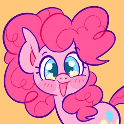 Size: 2048x2048 | Tagged: safe, artist:alexbeeza, imported from derpibooru, pinkie pie, earth pony, pony, big ears, blue eyes, blushing, colored pinnae, curly mane, eyebrows, eyebrows visible through hair, eyelashes, female, looking at you, mare, open mouth, open smile, orange background, pink mane, pink tail, simple background, smiling, smiling at you, solo, starry eyes, tail, wingding eyes