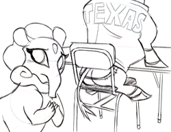 Size: 1402x1080 | Tagged: safe, imported from derpibooru, bull, them's fightin' herds, butt, chair, clothes, community related, jacket, monochrome, nidra (tfh), plot, simple background, table, tapir, texas (tfh), white background