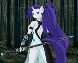 Size: 2500x2030 | Tagged: safe, artist:annonymouse, imported from derpibooru, rarity, anthro, alternate hairstyle, backless, clothes, dress, female, fingerless gloves, gloves, high res, looking back, ponytail, see-through, side slit, solo, sword, total sideslit, weapon