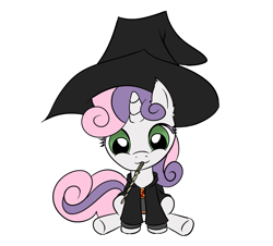 Size: 1015x918 | Tagged: safe, artist:annonymouse, imported from derpibooru, sweetie belle, pony, unicorn, crossover, cute, diasweetes, fanfic art, female, filly, foal, gryffindor, harry potter (series), hat, magic wand, mouth hold, simple background, sitting, solo, white background, witch hat