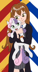 Size: 1976x3717 | Tagged: safe, artist:annonymouse, imported from derpibooru, sweetie belle, oc, oc:zwei gemini, human, pony, unicorn, crossover, fanfic art, female, filly, foal, gryffindor, harry potter (series), high res, holding a pony, hug, hugging a pony, human oc, one ear down, open mouth, open smile, ravenclaw, smiling