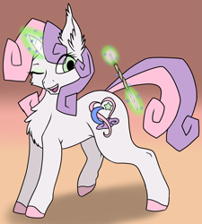 Size: 4559x5058 | Tagged: safe, artist:annonymouse, imported from derpibooru, sweetie belle, pony, unicorn, absurd resolution, alternate cutie mark, alternate universe, colored hooves, fanfic art, female, filly, foal, glowing, glowing horn, gradient background, horn, magic, magic wand, one eye closed, open mouth, smiling, solo, telekinesis