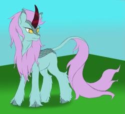 Size: 1127x1027 | Tagged: safe, artist:annonymouse, imported from derpibooru, oc, oc only, kirin, pony, cloven hooves, kirin oc, no pupils, solo, turned head